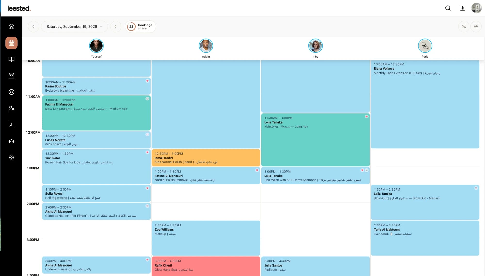 The Leested calendar: today's appointments, one column per team member