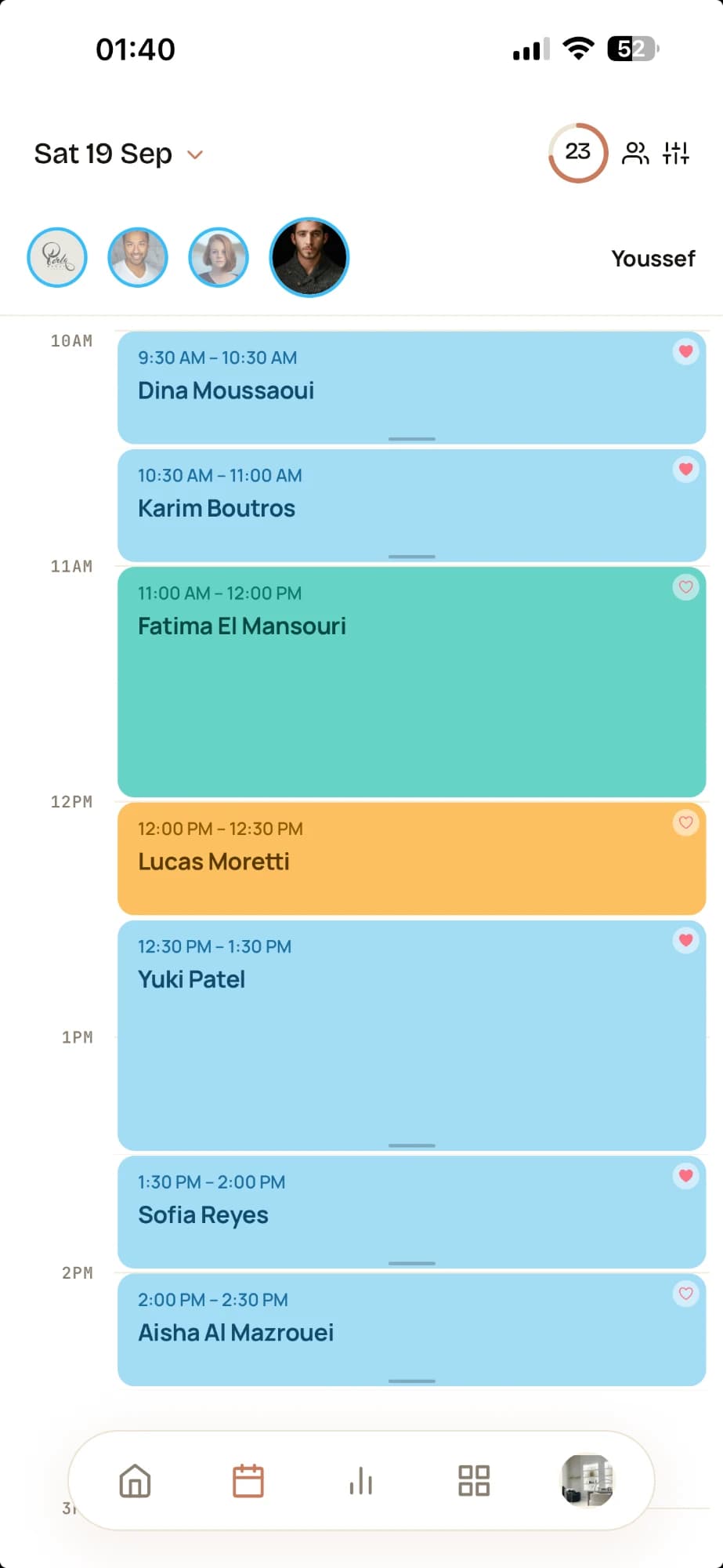 The Leested calendar: today's appointments, one column per team member